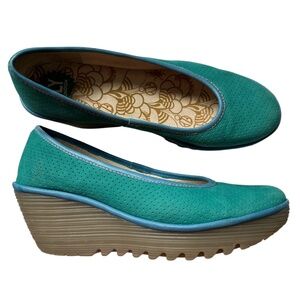 Fly London Shoes Blue Green Suede Slip on Platform Size 41 US 10 - 10 1/2